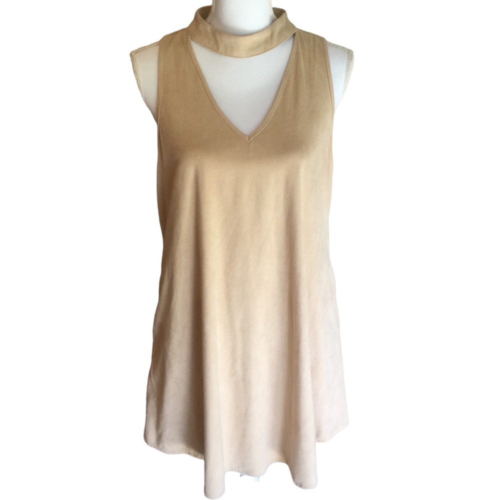 Andre by Unit Beige Microsuede Sleeveless Keyhole Neck Dress. Size: Medium